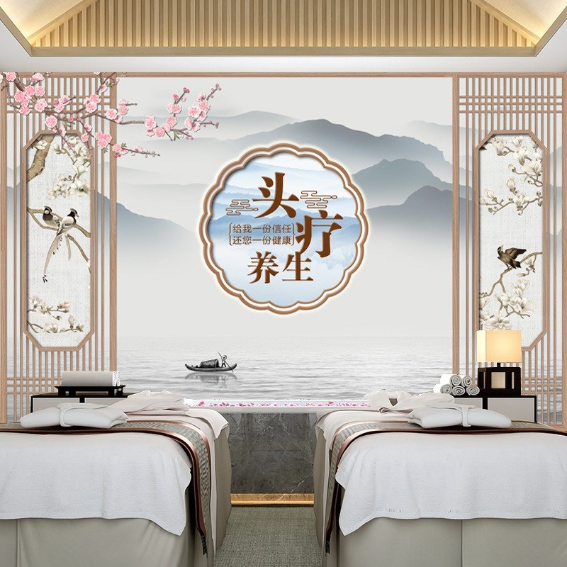 养生会所形象墙壁纸足道文化足疗店装饰墙纸头疗采耳馆前台背景墙