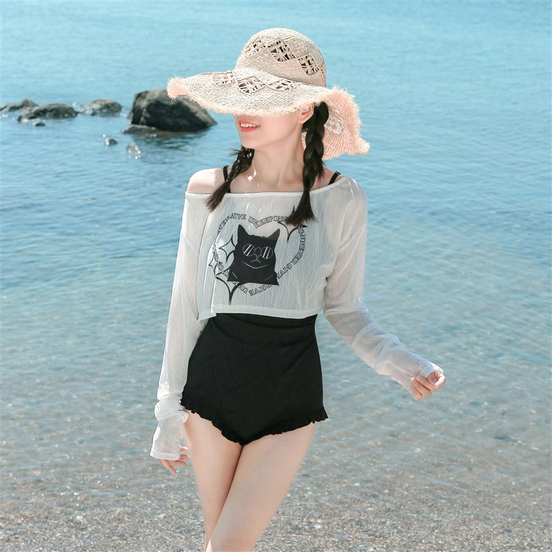 2025新款泳衣女连体黑色显瘦遮肚长袖外套性感度假泳装小胸泳衣