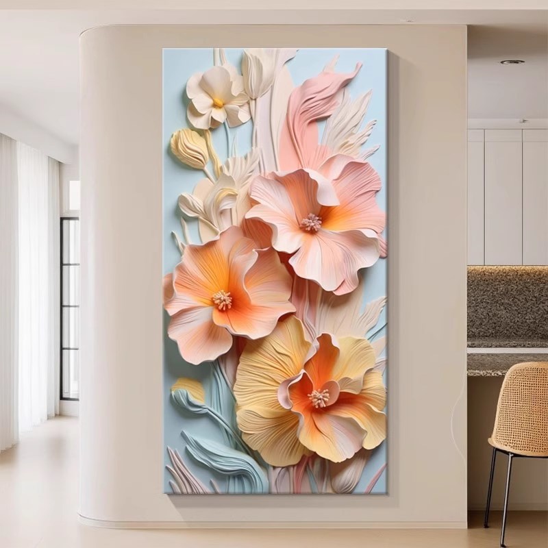 奶油风立体浮雕花卉玄关装饰画抽象艺术走廊过道尽头壁画客厅挂画图片
