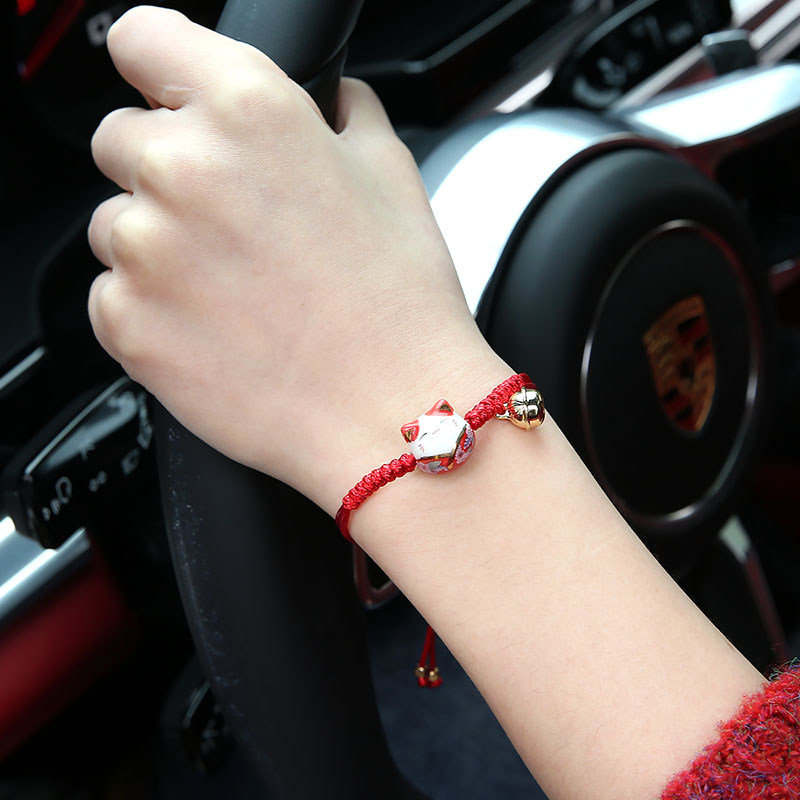 陶瓷情侣招财猫手链红绳ins小众设计感手工编织手绳手饰品