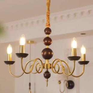 蜡烛吊灯法式 复古风书房灯 中古风客厅餐厅卧室灯胡桃木色实木美式