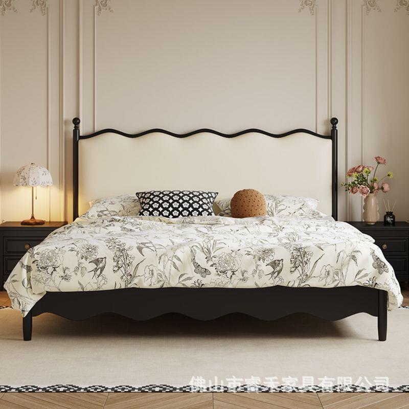 法式极简复古黑色实木床1.5美式软包床现代简约1.8主卧双人床储物