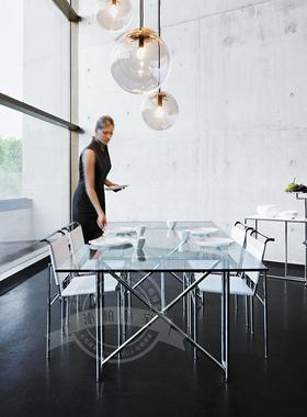 丹麦简约黑色餐桌办公桌实木饭桌双X长条桌中古不锈钢玻璃餐厅桌