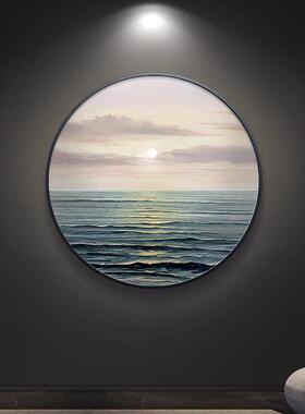 现代极简餐厅装饰画高级感蓝色调海景玄关挂画肌理感客厅圆形壁画