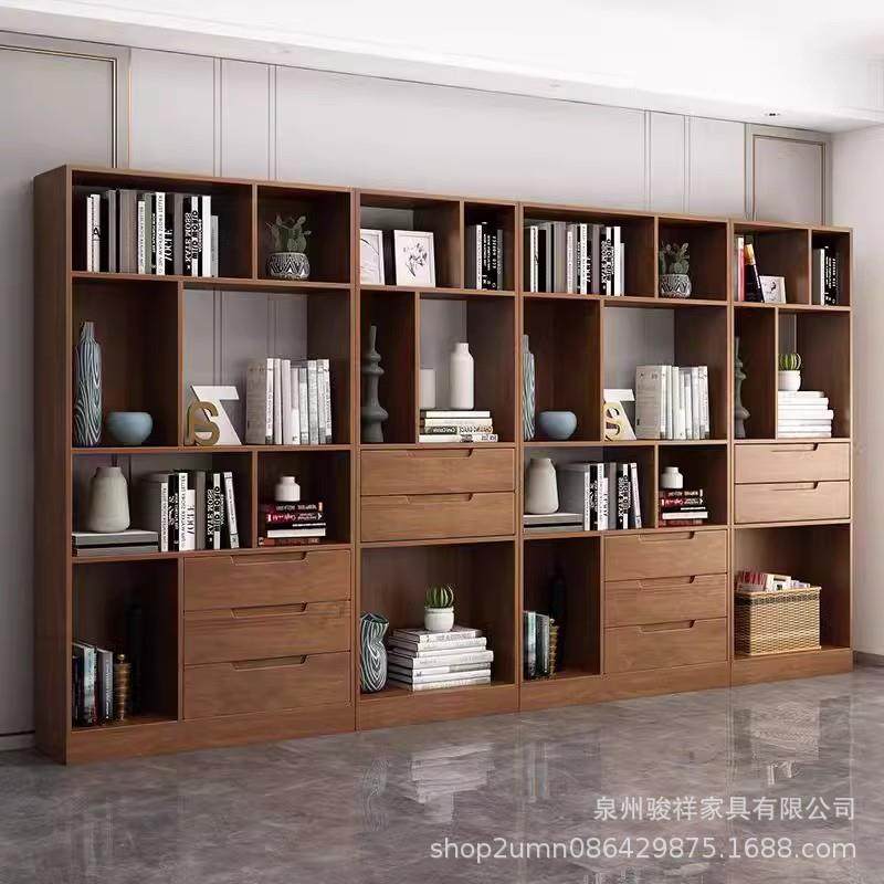 实木书架落地靠墙书柜整装带门多层格子收纳柜客厅架置物架