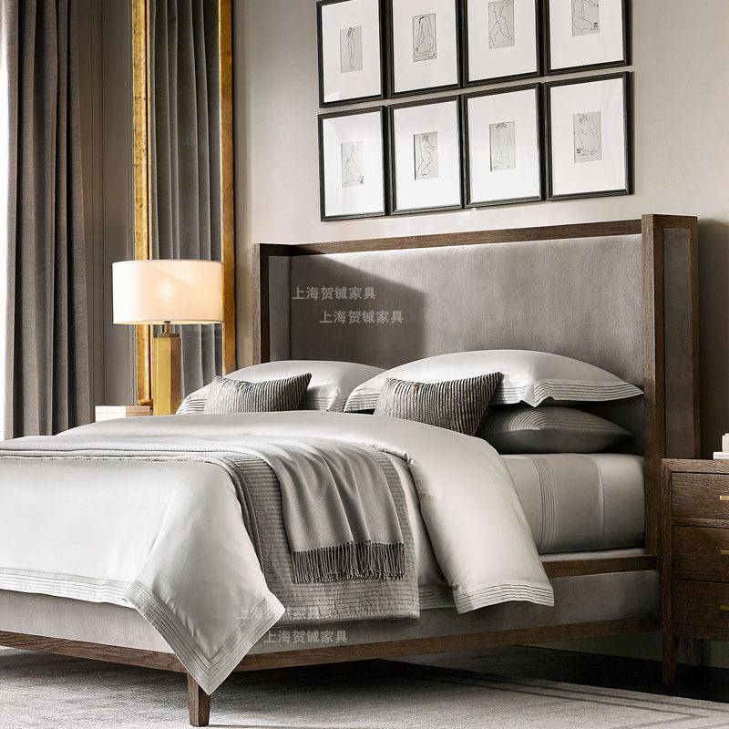 RH美式乡村复古主卧实木双人床法式仿古做旧橡木床1.8米别墅家具