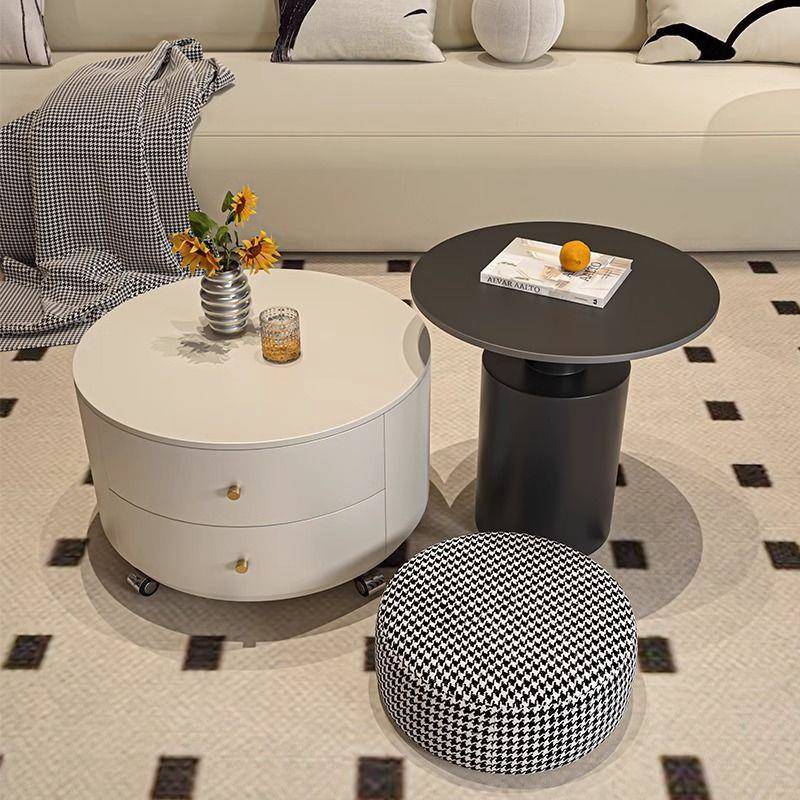 奶油风圆形岩板茶几轻奢客厅家用现代简约小户型可移动带轮小桌子