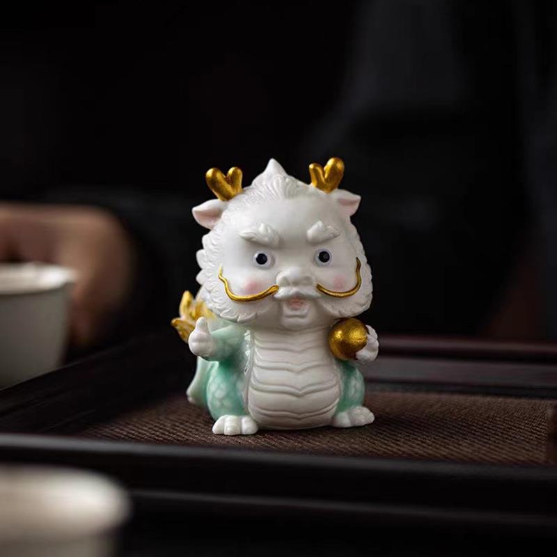 创意陶瓷国潮神兽青龙茶宠可爱吉祥物汽车摆件饰品家居办公室装饰