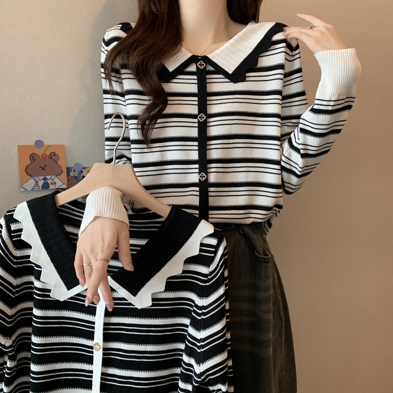 条纹娃娃领长袖针织衫女秋冬季新款修身显瘦小香风打底衫上衣女装