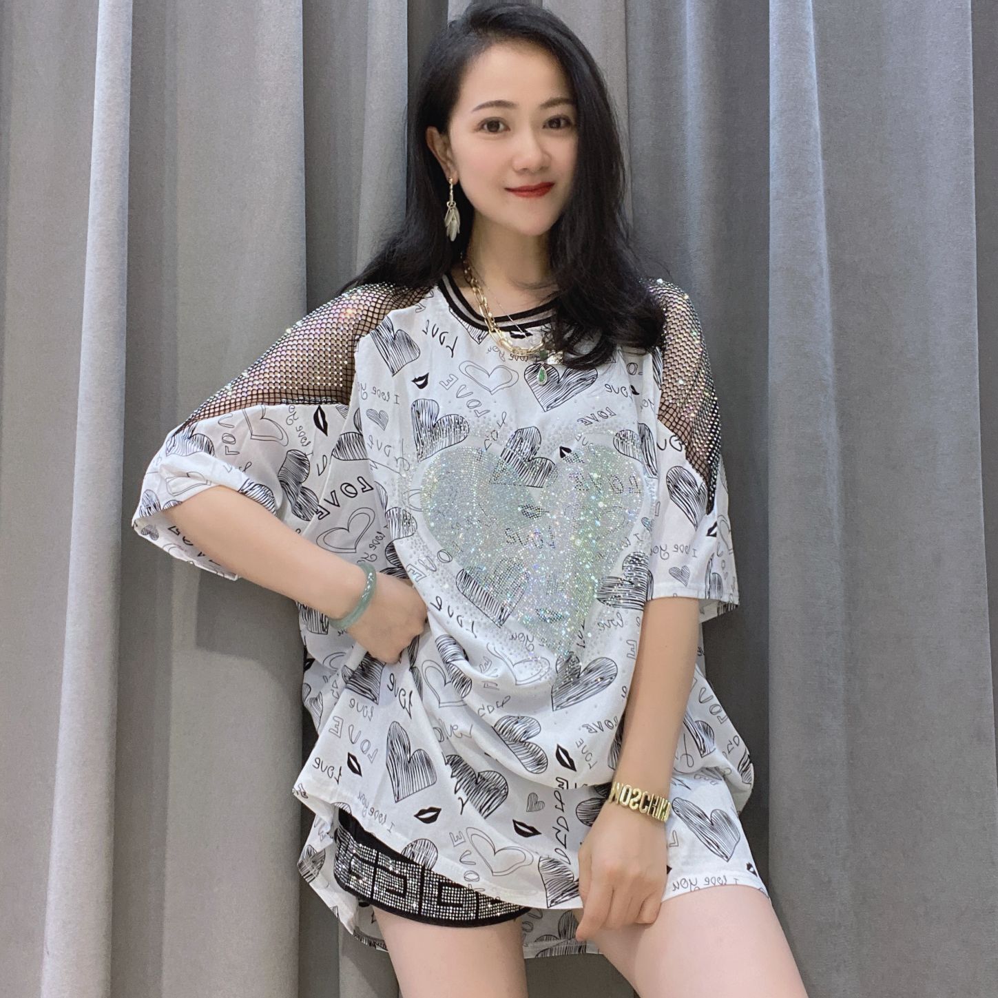 夏季新款烫钻雪纺衫 女士短袖上衣欧货重工t恤女宽松大码衣服