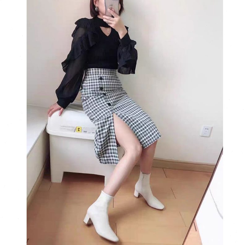 粗跟短靴女春秋单靴侧方头新款高跟韩版2022瘦瘦靴年白色弹力拉链