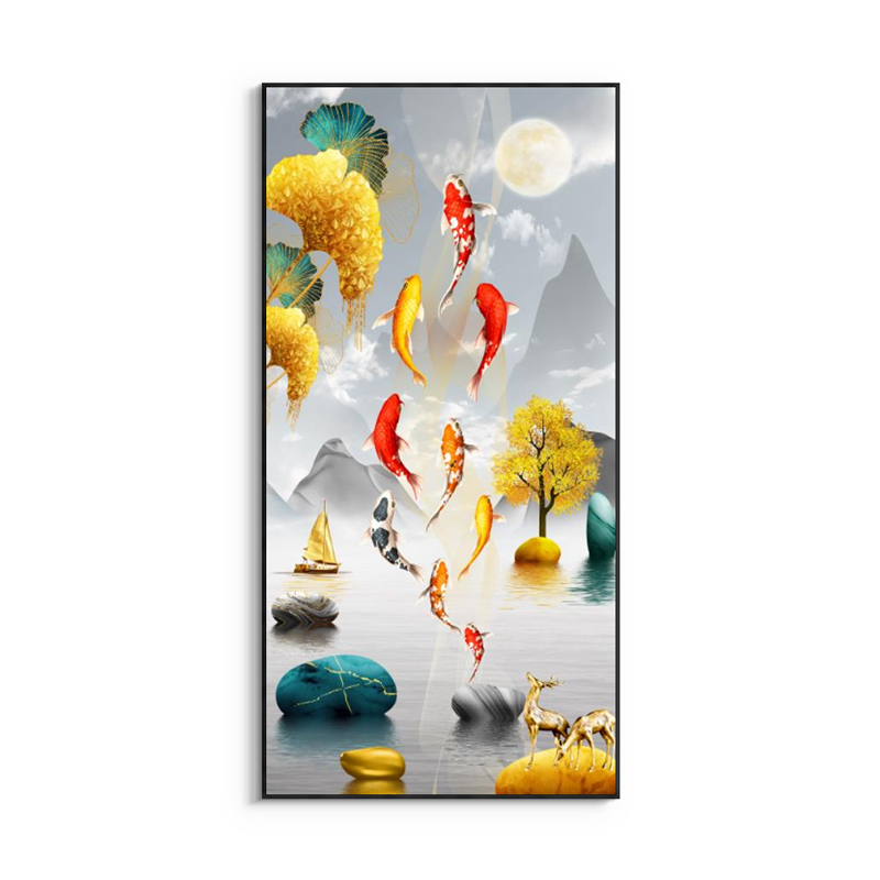 福鹿有余新中式玄关装饰画五福临门入户墙画走廊过道竖版挂画图片