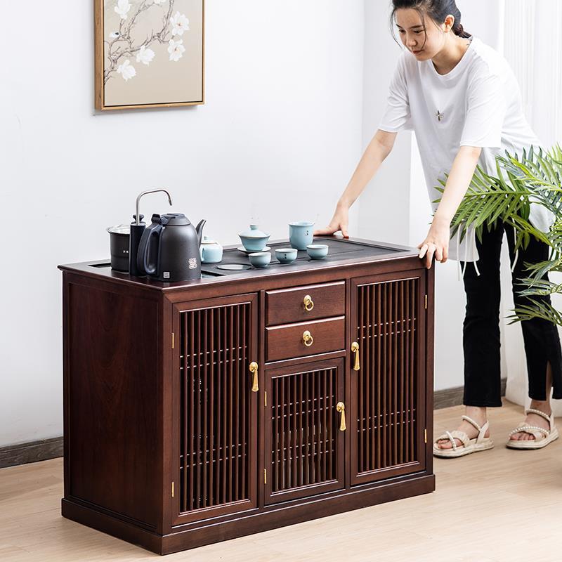花梨实木移动茶柜家用乌金石茶台烧水壶一体客厅茶水柜茶车收纳柜