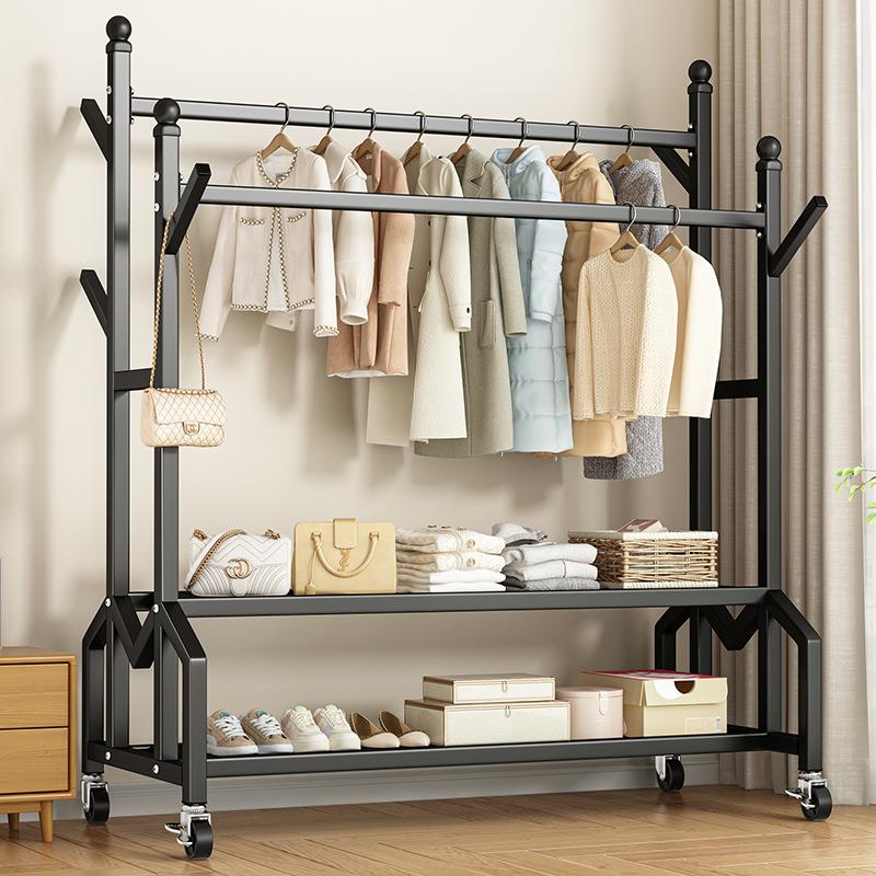 衣帽架简易晾衣架落地室内家用卧室挂衣架子阳台衣服收纳架双层