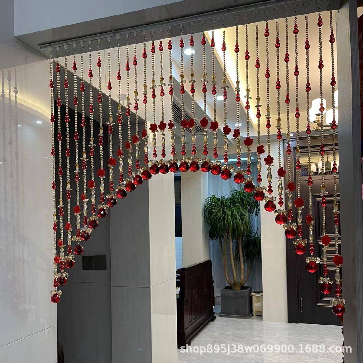 水晶珠帘门帘隔断帘玄关卧室帘新款葫芦帘红色花开富贵