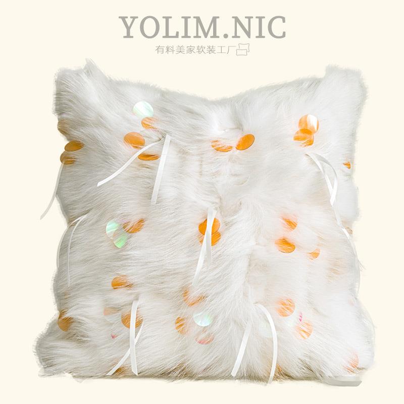 北欧公主风抱枕粉白狐狸毛沙发靠枕儿童房样板间装饰靠包女孩房