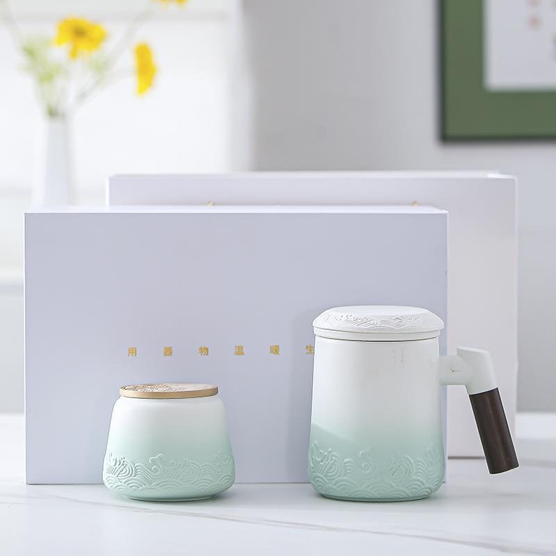 远山陶瓷马克杯带盖大容量过滤泡茶杯办公室简约茶水分离杯子中式