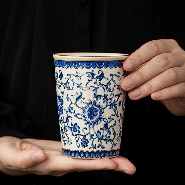 汝窑青花缠枝莲可乐杯主人杯个人专用高档茶杯大容量喝茶杯子单杯