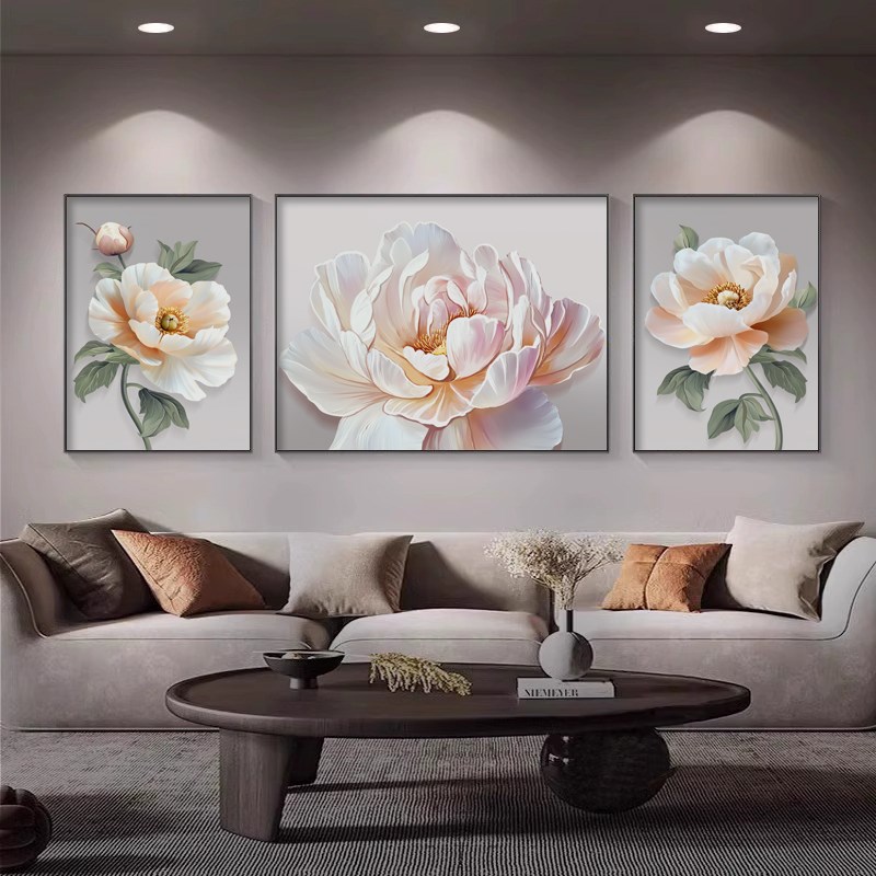 富贵牡丹客厅装饰画现代简约三联组合挂画轻奢花卉沙发背景墙壁画图片