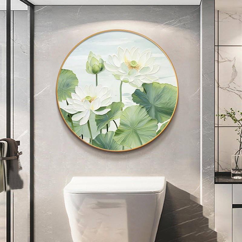 奶油风荷花厕所卫生间圆形挂画客厅装饰画莲花入户玄关餐厅墙壁画图片