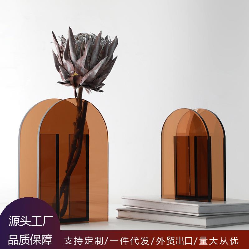 现代创意家居轻奢茶色透明玻璃花器客厅桌面花瓶软装饰品摆件