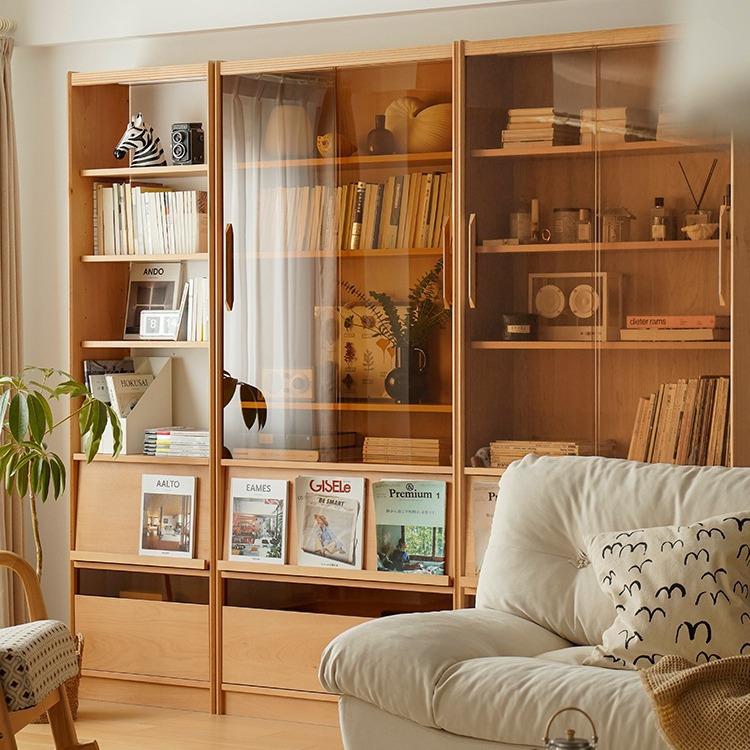 北欧实木书柜家用靠墙落地收纳储物柜小户型客厅樱桃木玻璃组合柜