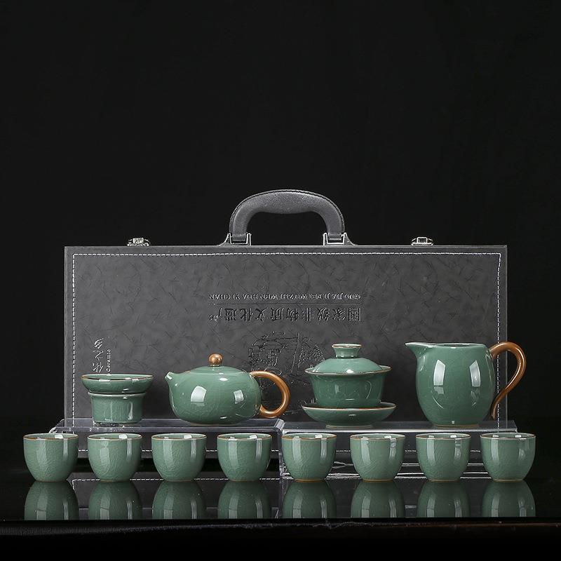汝窑抹色茶具套装整套家用陶瓷提梁茶壶盖碗茶杯轻奢高档功夫泡茶