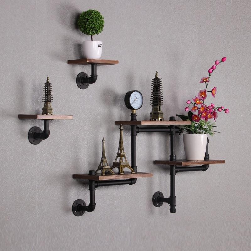 美式铁艺水管墙上置物架loft复古餐厅实木隔板壁挂展示置物壁架