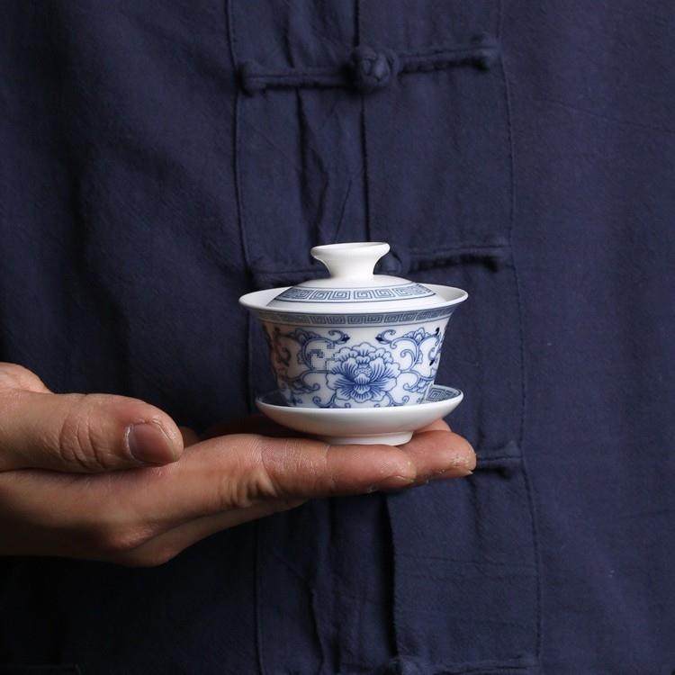 潮汕迷你小盖碗青花高温陶瓷两人旅行茶具茶杯小号三才碗两杯三杯