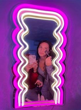 LED波浪镜面灯标志，带调光的背景霓虹灯室内装饰，柠檬黄，粉色