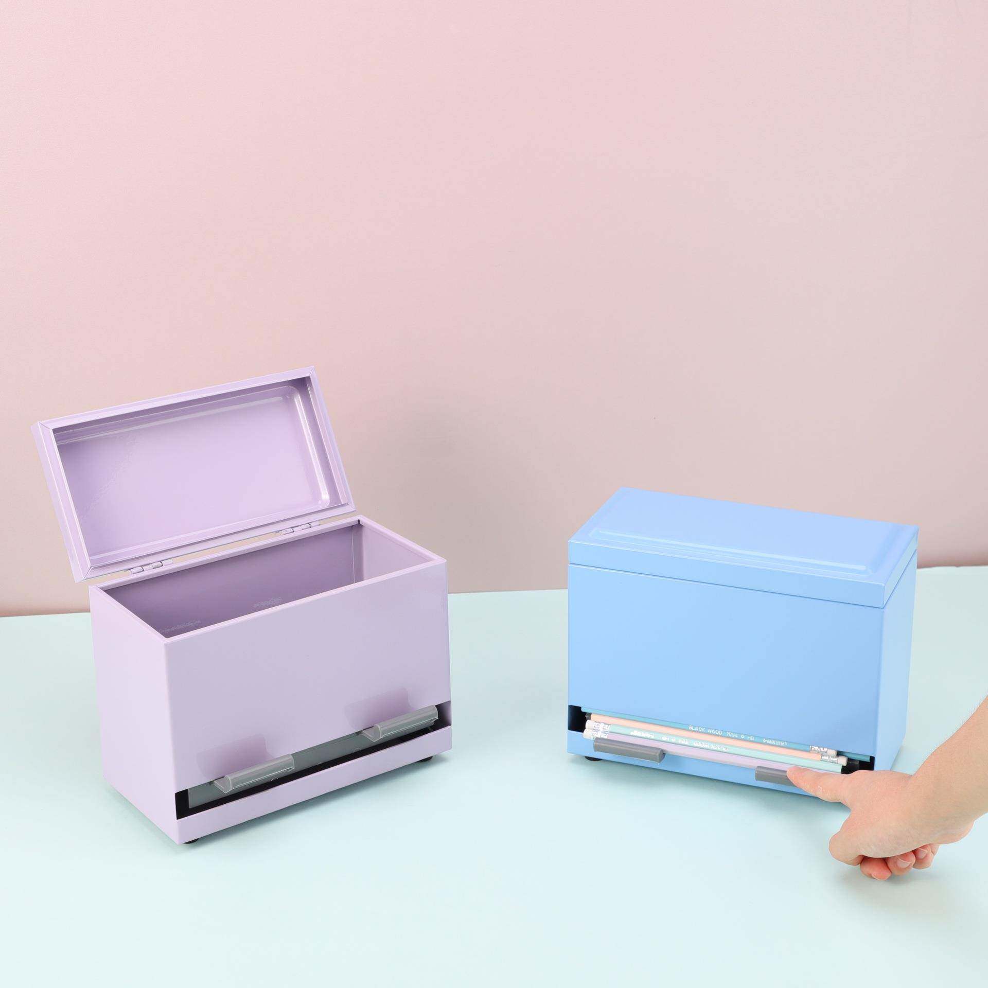 不锈钢吸管盒实用带盖铅笔盒架手动按压式商用吸管放置盒