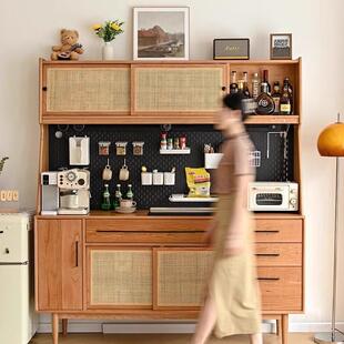 北欧实木餐边柜家用小户型藤编靠墙一体置物柜厨房简约碗具收纳柜