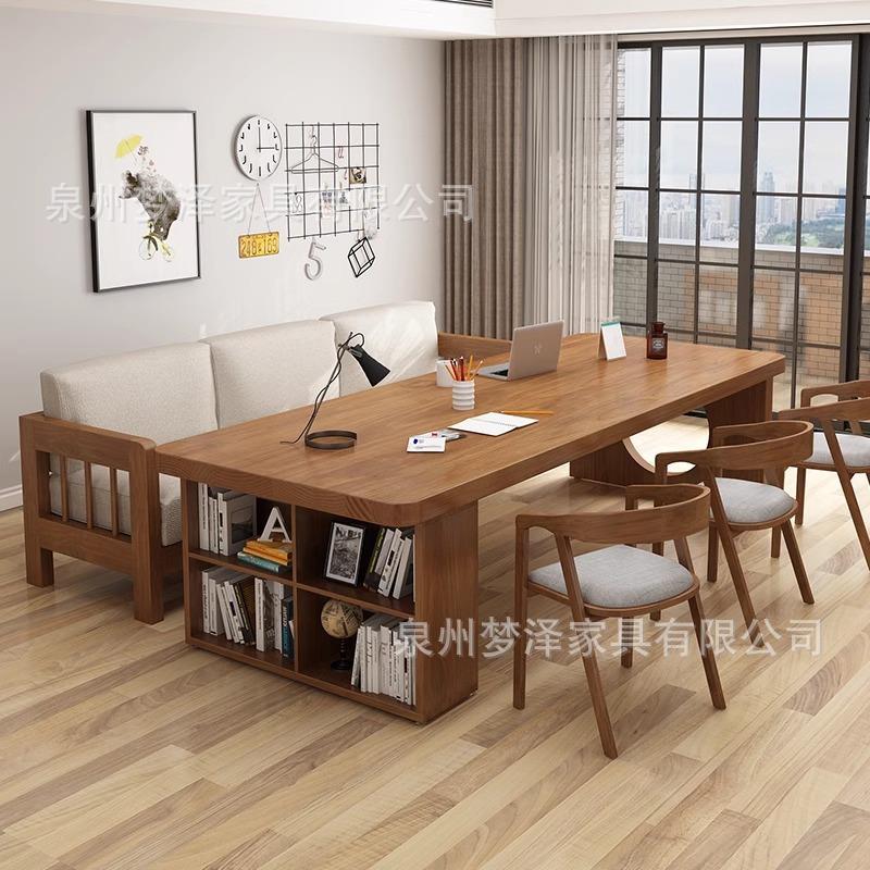 创意客厅实木大书桌书架一体双人写字台家用长条桌子青少年学习桌