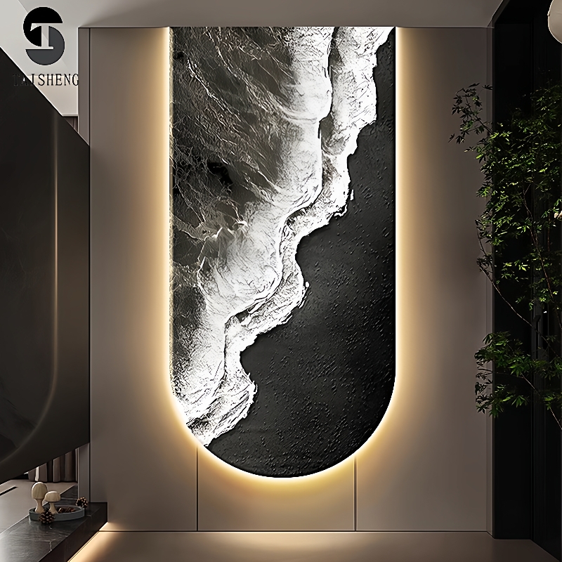 抽象海浪玄关装饰画走廊过道客厅拱形挂画黑白灰入户带灯发光壁画
