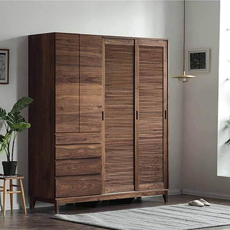 日式全实木衣橱橡木樱桃木推拉滑移门百叶门格栅门黑胡桃木衣柜