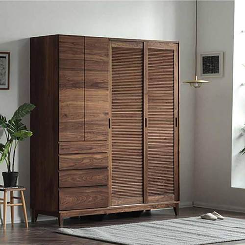 日式全实木衣橱橡木樱桃木推拉滑移门百叶门格栅门黑胡桃木衣柜