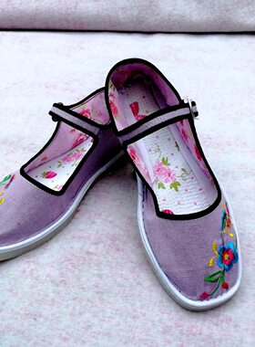 单鞋绣花女布鞋低帮春秋休闲浅口紫色塑料定制带包邮鞋扣居家平底