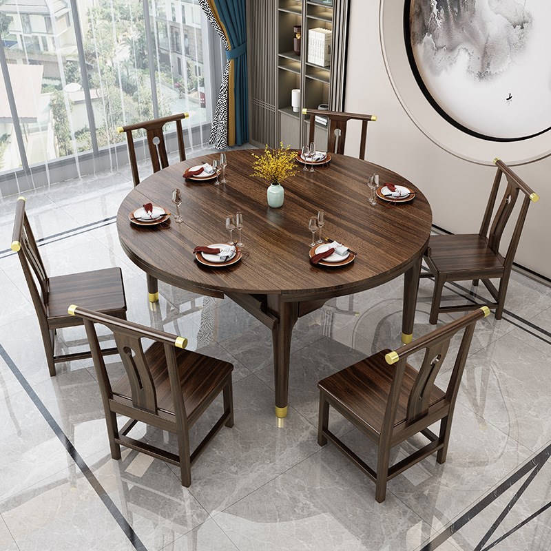 中式乌金木实木餐桌椅家用方圆两用伸缩桌子小户型折叠岩板圆餐桌