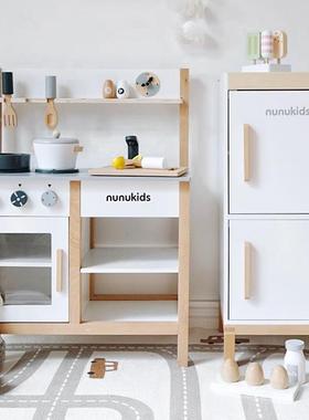 北欧风仿真木制烹饪做饭套装木质过家家儿童冰箱厨房玩具煮饭