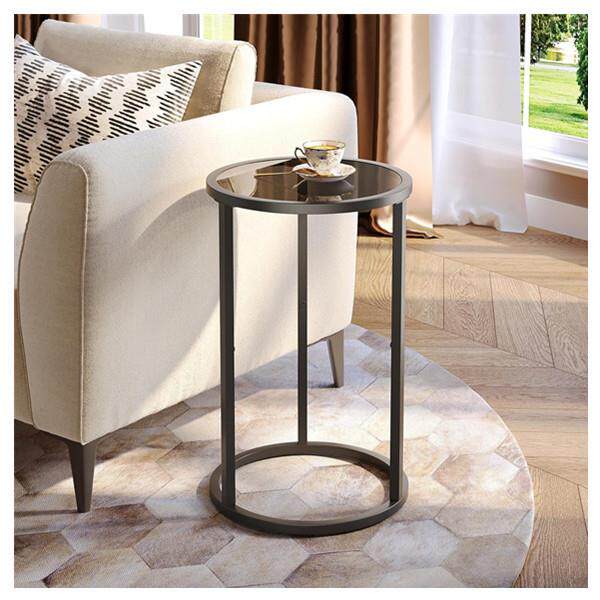 小型侧桌圆形玻璃桌现代床头柜带金属框架适用于卧室客厅黑色