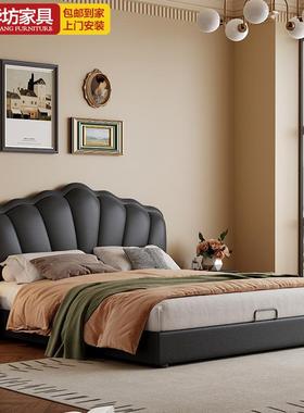 黑色复古真皮床轻奢软包床法式极简花瓣皮艺床主卧双人大床储物床