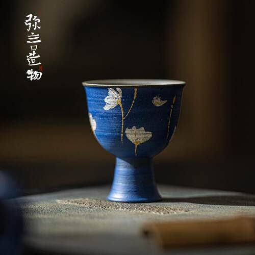 弥言克莱因蓝粉引茶杯手工陶瓷仿宋高足杯家用主人杯金银手绘茶杯