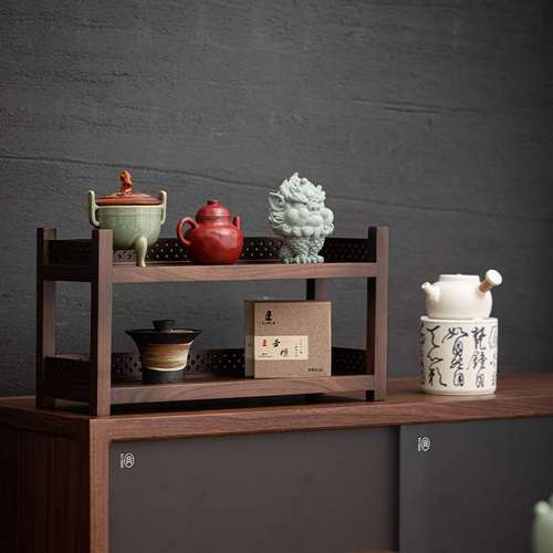 黑胡桃茶室茶杯架家用茶杯收纳架新中式复古杯子置物架实木博古架