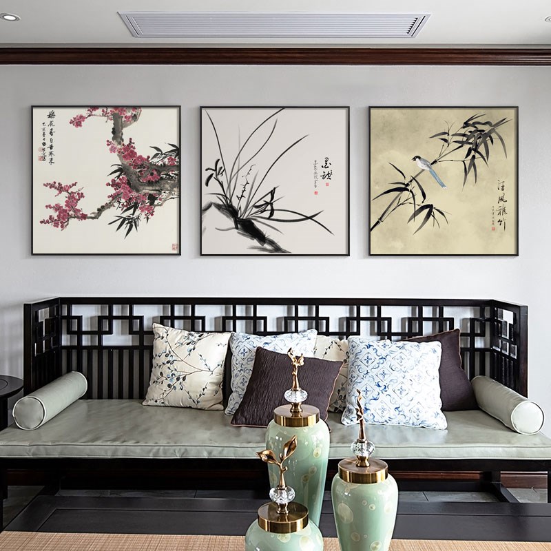 新中式客厅沙发背景墙装饰画书房茶室正方形壁画餐厅梅兰竹菊挂画图片