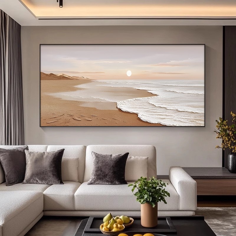 海滩风景手绘油画大芬村立体肌理客厅装饰画奶油风沙发背景墙挂画图片