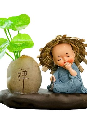 钓鱼小和尚花瓶禅意绿植摆件鱼缸装饰流水摆设鱼池假山微景观造景