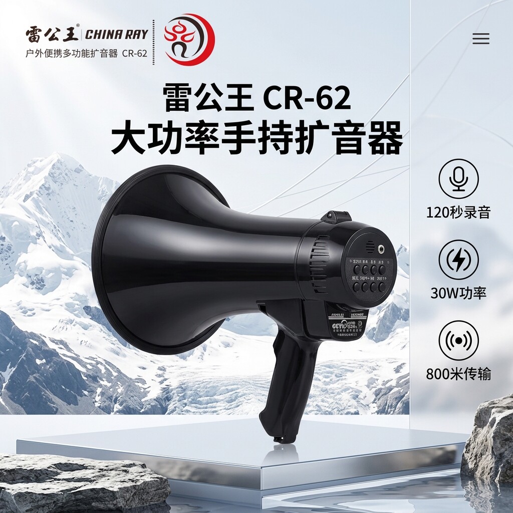 雷公王CR-62锂电池喊话器大功率30W扩音器蓝牙录音USB插卡大喇叭