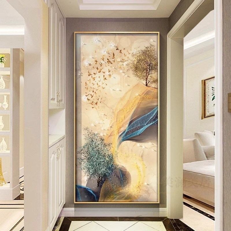 鹿晶瓷镶钻轻奢入户玄关装饰画竖走廊背景墙挂画过道尽头抽象壁画图片