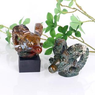 天然水晶海洋碧玉羊头雕刻件矿标原石打磨水晶工艺品家居装饰摆件