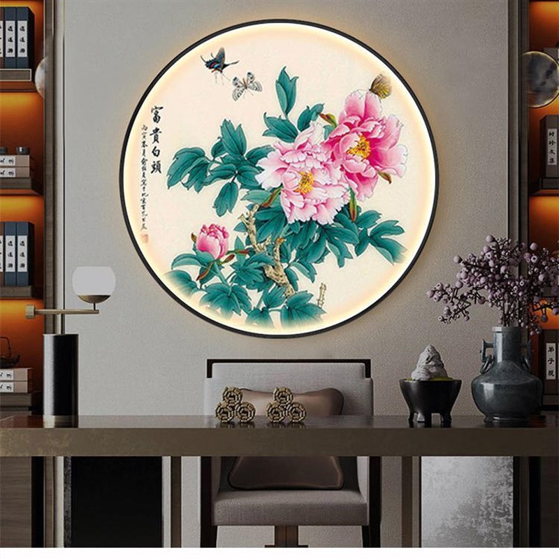 花鸟牡丹圆形灯画餐厅卧室背景墙挂画中式花卉入户玄关茶室装饰画图片